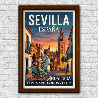 Póster Cartel de viaje de Sevilla, España de la década de