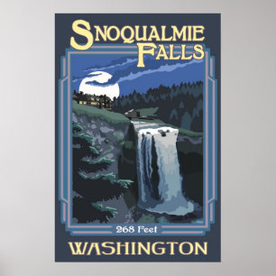 Póster Cartel de viaje de Snoqualmie Falls (Noche) Washin