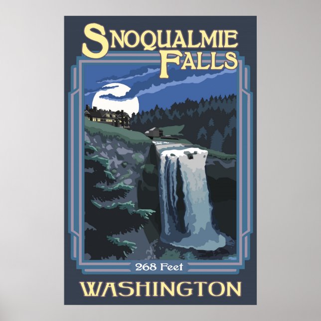 Póster Cartel de viaje de Snoqualmie Falls (Noche) Washin (Frente)