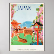 Cartel de viaje de venado y pagoda japonés de los 