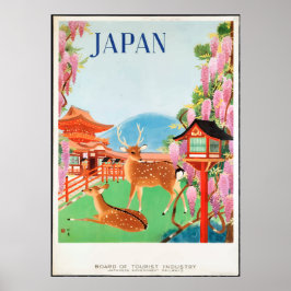 Póster Cartel de viaje de venado y pagoda japonés de los 