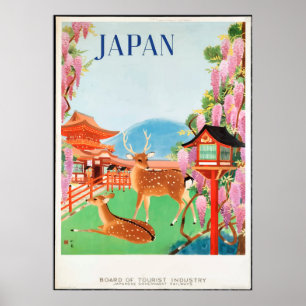 Póster Cartel de viaje de venado y pagoda japonés de los 