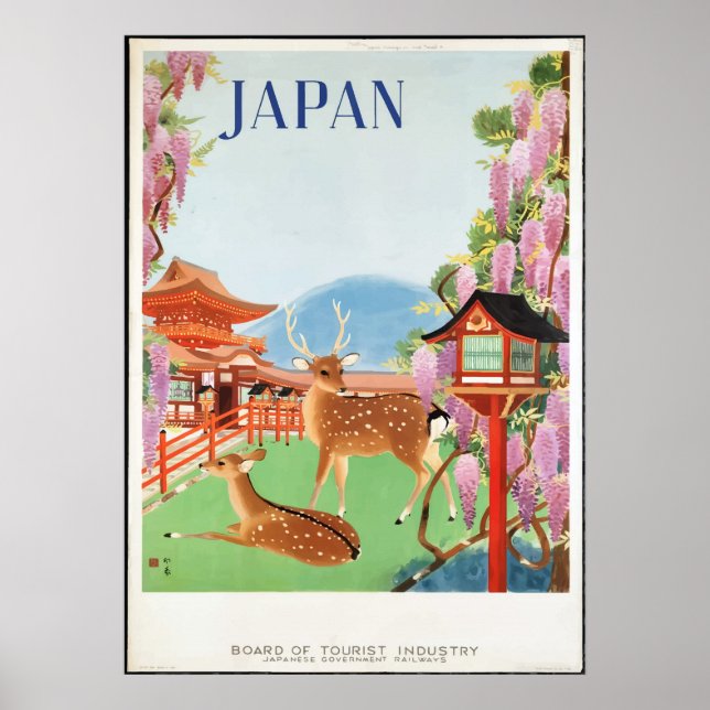 Póster Cartel de viaje de venado y pagoda japonés de los  (Frente)