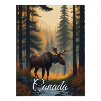 Póster Cartel de viaje del alce del bosque de Canadá