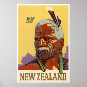 Póster Cartel de viaje del jefe maorí impreso en Nueva Ze