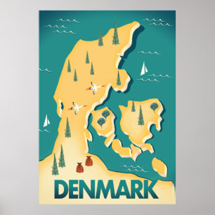 Póster Cartel de viaje del mapa de Dinamarca Vintage