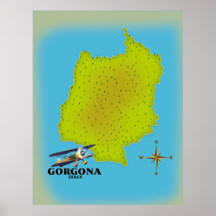 Póster Cartel de viaje del mapa de Gorgona Italia.