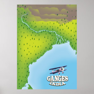 Póster Cartel de viaje del mapa de la India del Ganges