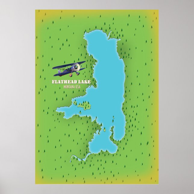 Póster Cartel de viaje del mapa del lago Flathead Montana (Frente)