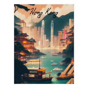 Póster Cartel de viaje del paisaje urbano de Hong Kong Ch