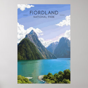 Póster Cartel de viaje del Parque Nacional Fiordland Nuev