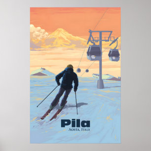 Póster Cartel de viaje del resort de esquí Pila Aosta Ita