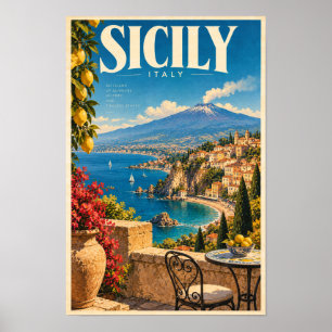 Póster Cartel de viaje del volcán costero de Sicilia Ital