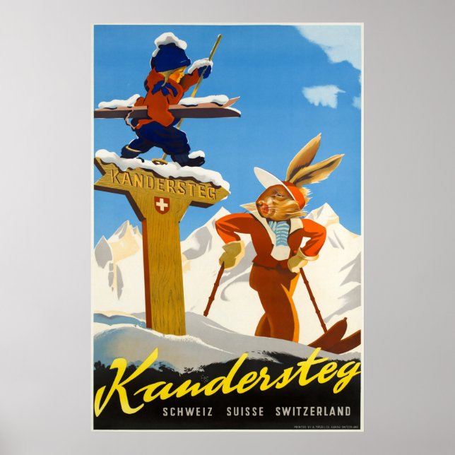 Póster Cartel de viaje en esquí, Kandersteg, Suiza (Frente)