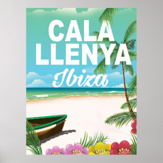 Póster cartel de viaje en la playa de cala llenya ibiza