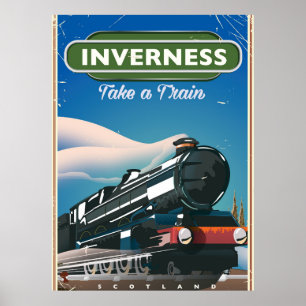 Póster cartel de viaje en locomotora de inverness escocia