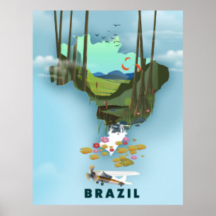 Póster cartel de viaje ilustrado del mapa de Brasil