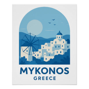 Póster Cartel de viaje minimalista azul de Mykonos Grecia