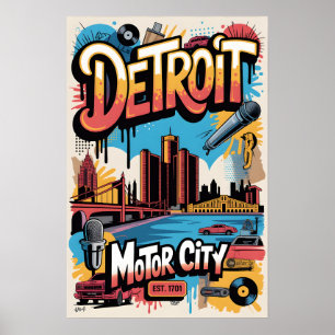 Póster Cartel de viaje urbano de Detroit con grafitis