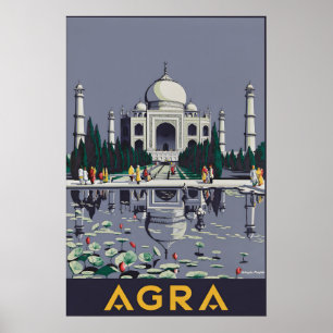 Póster Cartel de viaje vintage Agra India Turismo Taj Mah