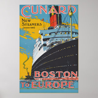 Póster Cartel de viaje vintage de Cunard de Boston a Euro