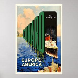 Póster Cartel de viaje vintage de Cunard Europa América