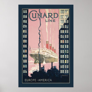 Póster Cartel de viaje vintage de Cunard Line Europa Amér