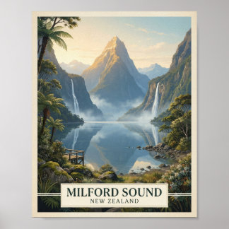 Póster Cartel de viaje vintage de Milford Sound Nueva Zel