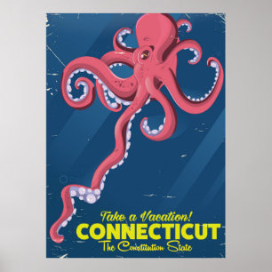 Póster Cartel de viaje vintage de pulpo de Connecticut EE