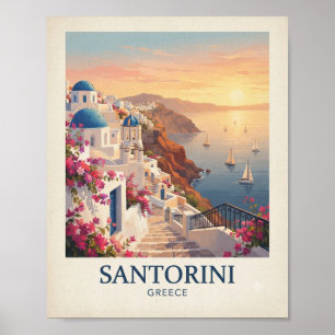 Póster Cartel de viaje vintage de Santorini Grecia Medi
