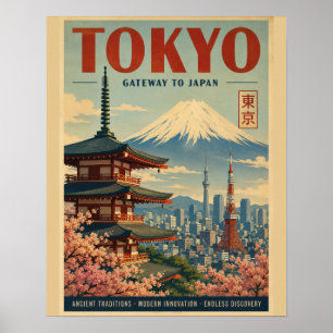 Póster Cartel de viaje vintage de Tokio con Mt. Fuji, Cer