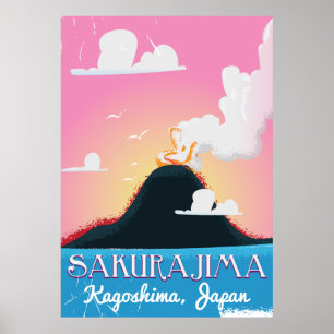 Póster Cartel de viaje vintage del volcán Sakurajima Japó