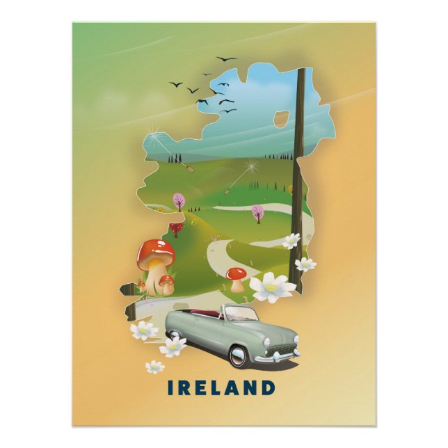 Póster cartel de viaje vintage mapa de Irlanda (Anverso)