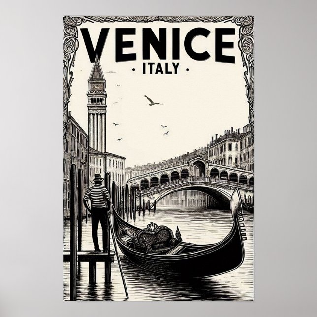 Póster Cartel de Viaje Vintage Venice Italy Gondola (Frente)