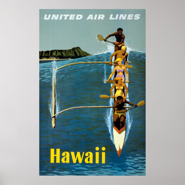Póster Cartel De Viajes De United Air Lines A Hawaii (Frente)
