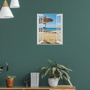 Póster Cartel de vista a la ventana de playa de arena y m