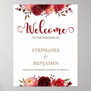 Póster Cartel del Boda de bienvenida rojo floral de Borgo