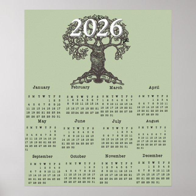 Póster Cartel del calendario de una página del árbol de l (Frente)
