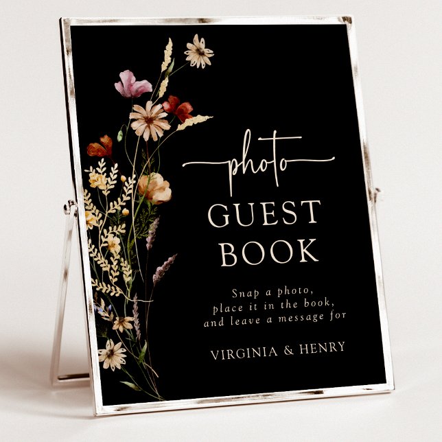 Póster Cartel del libro de invitados de Floral Negra (Boho Black Floral Photo Guest Book Sign by Painted Paperie
)