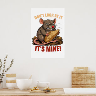 Póster Cartel divertido de cocina con rata gruñona y pan