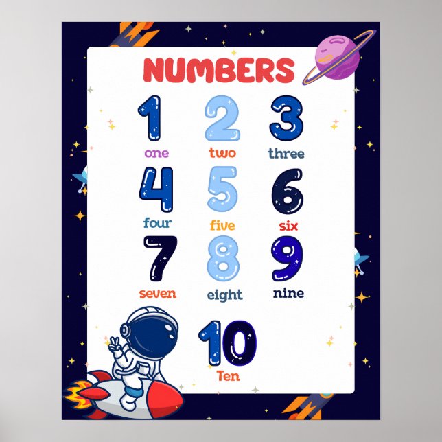 Póster Cartel educativo de números del 1-10 del espacio e (Frente)