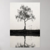 Cartel en blanco y negro de abedul junto a un esta