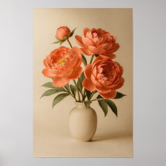 Póster Cartel floral de peonías corales en jarrón de marf