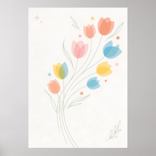Póster Cartel floral minimalista de tulipanes pastel colo