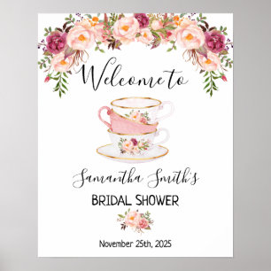 Póster Cartel floral rosa de té de bienvenida para desped