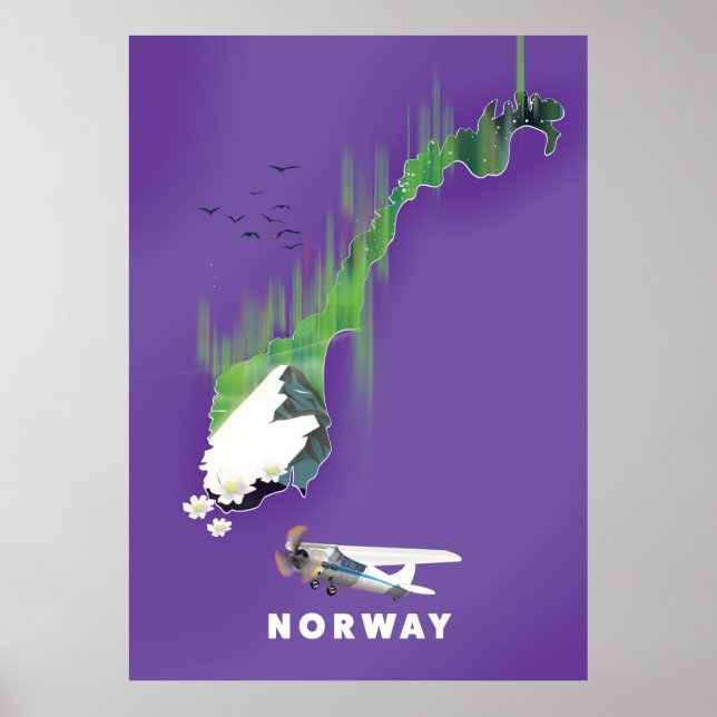 Póster Cartel ilustrado del mapa de Noruega. (Frente)