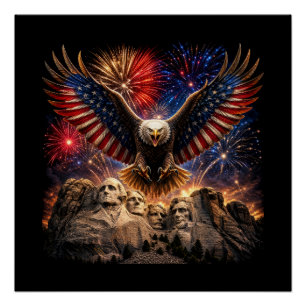 Póster Cartel Patriótico de Águila Calva Montaña Rushmore