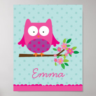 Póster Cartel personalizado para guardería de búho rosa e