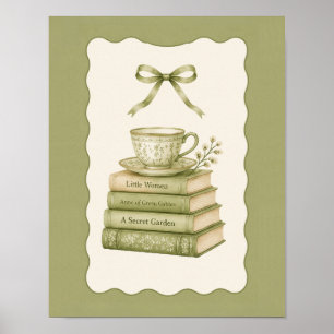 Póster (CARTEL) Pila de Libros Verdes Vintage y Taza de T
