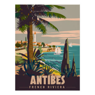 Póster Cartel retro de Antibes en la Riviera Francesa. Co